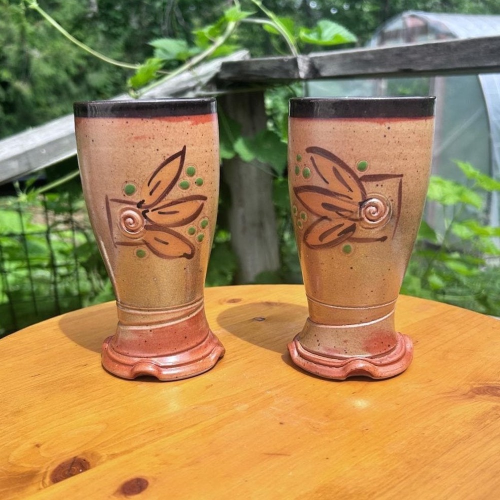Vintage Studio Pottery Stoneware Tumbler Set Brown Floral Scalloped Signed Pair